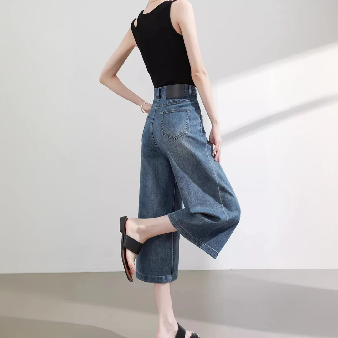 阔腿复古蓝色牛仔裤女高腰宽松显瘦小个子夏季薄款七分直筒裤八分