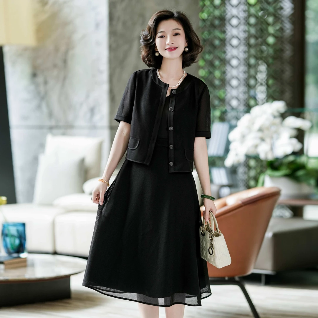 西子/【静谧夜曲】醋酸镂空蕾丝黑色外套连衣裙套装/WTZY309