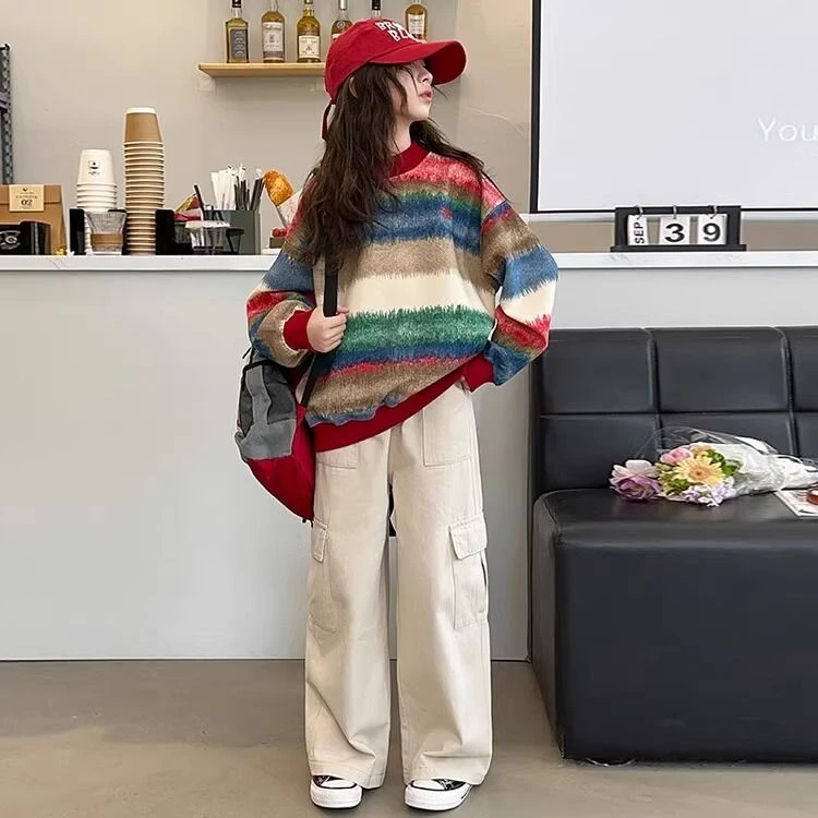 女童秋装彩色条纹卫衣韩版上衣2025新款春秋款女大童圆领长袖T恤