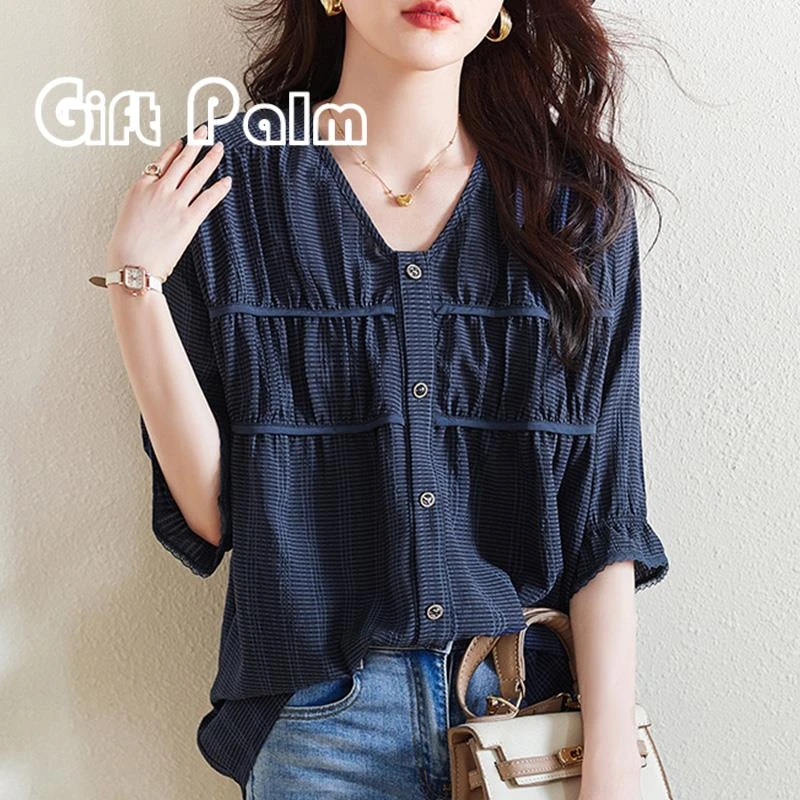 GiftPalm女士短袖t恤时尚洋气新款大码百搭v领上衣遮肚子夏季薄款