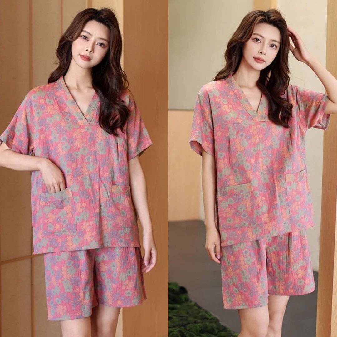 3177夏季新款短袖短裤带兜睡衣套装家居服汗蒸服双纱棉宽松舒适