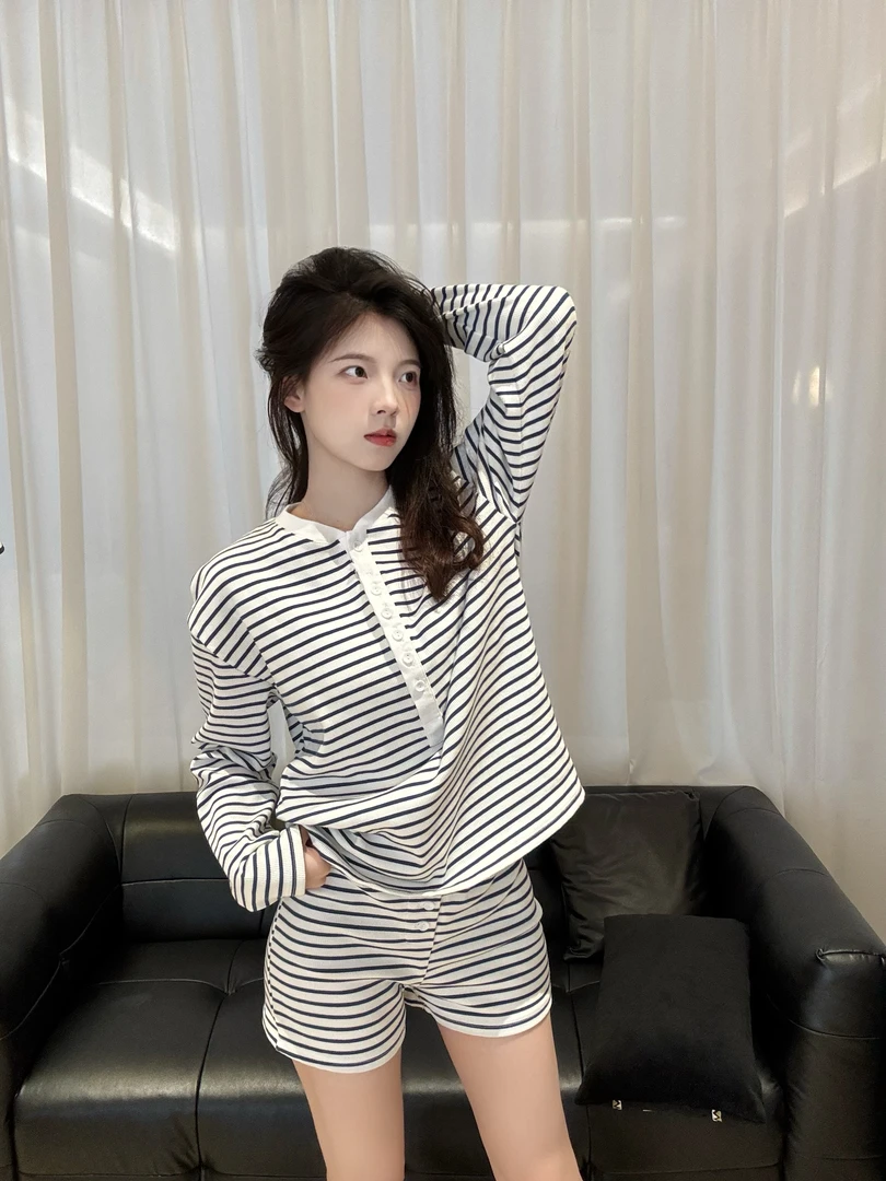 【DMXJ大梦想家】黑白条纹简约风撞色舒适睡衣女春夏新款家居服套装