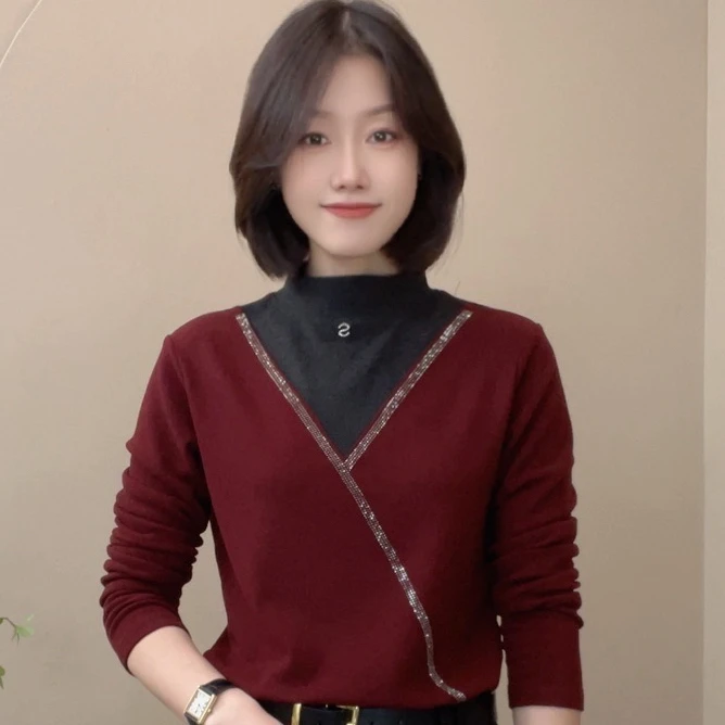 6861秋季新款半高领拼色长袖女士百搭洋气时尚显瘦修身打底衫女