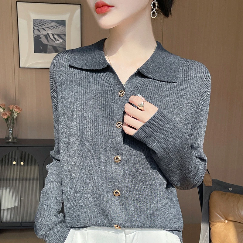 精纺羊毛翻领女开衫2025秋季新款长袖针织气质百搭315秋冬时尚