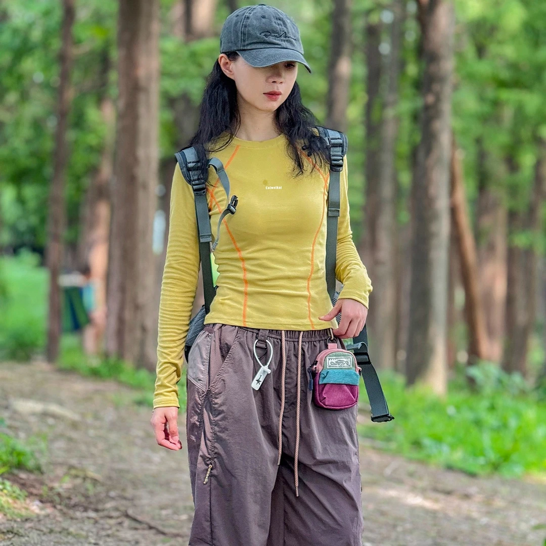 美式户外打底衫2025春秋款长袖t恤女跑步训练健身瑜伽服运动上衣