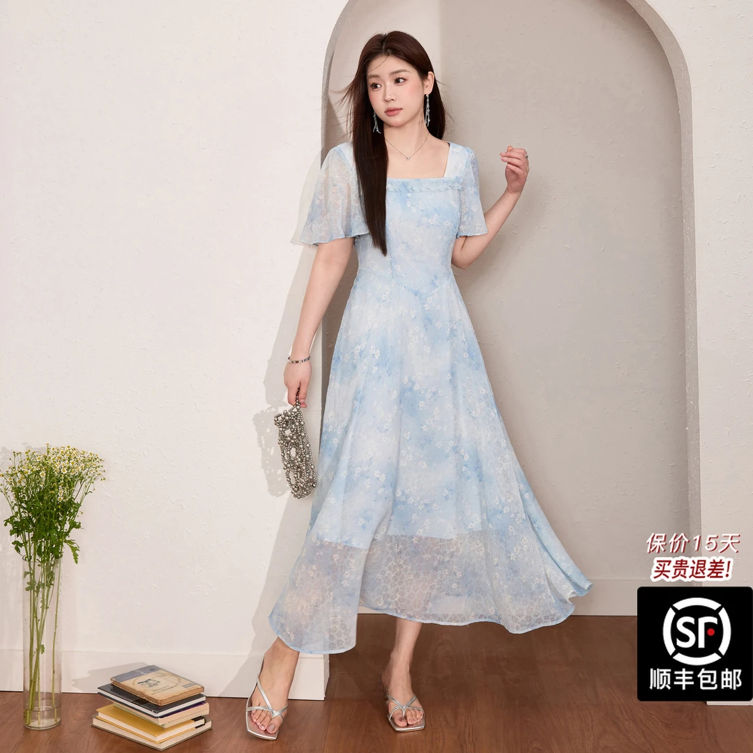 蓝语大码女装优雅绝美方领蓝色碎花裙夏季新款掐腰遮肉a字连衣裙