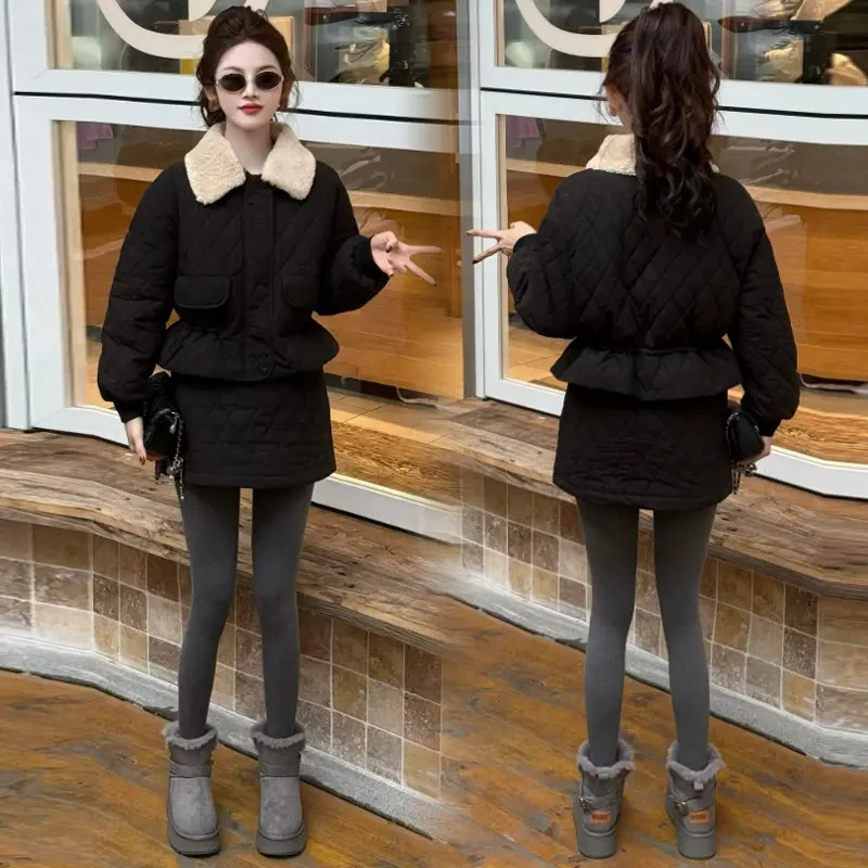 时尚棉服套装女2025冬季新款洋气加厚收腰棉衣短外套半身裙两件套