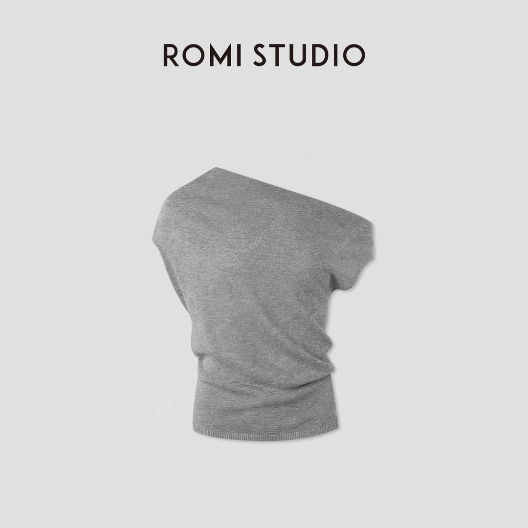 ROMI STUDIO“知性优雅”莱赛尔亚麻混纺花纱斜肩针织衫 RWCRST3408