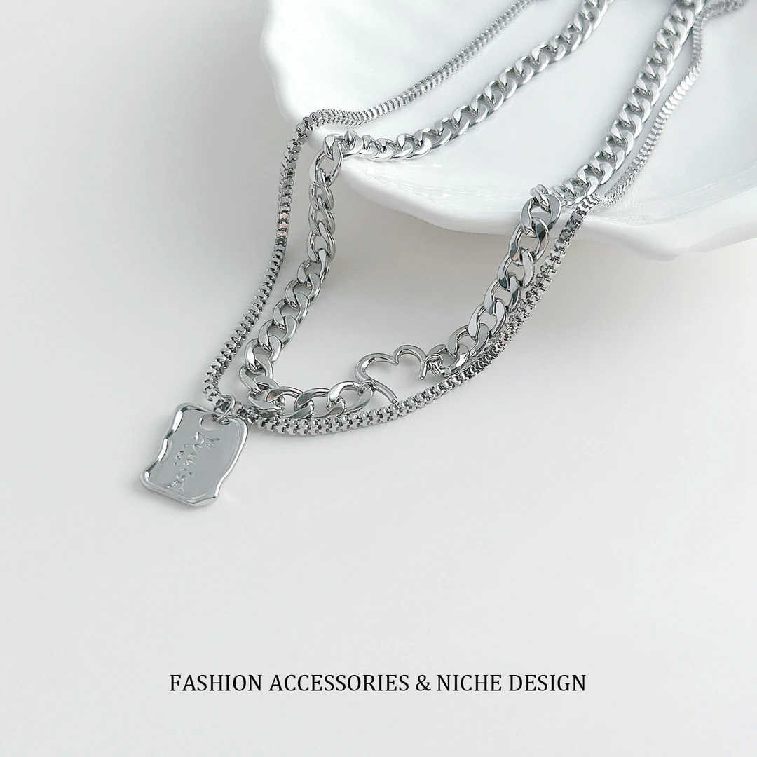 钛钢项链 不规则方牌爱心双层叠戴钛钢项链小众设计嘻哈炫酷高级