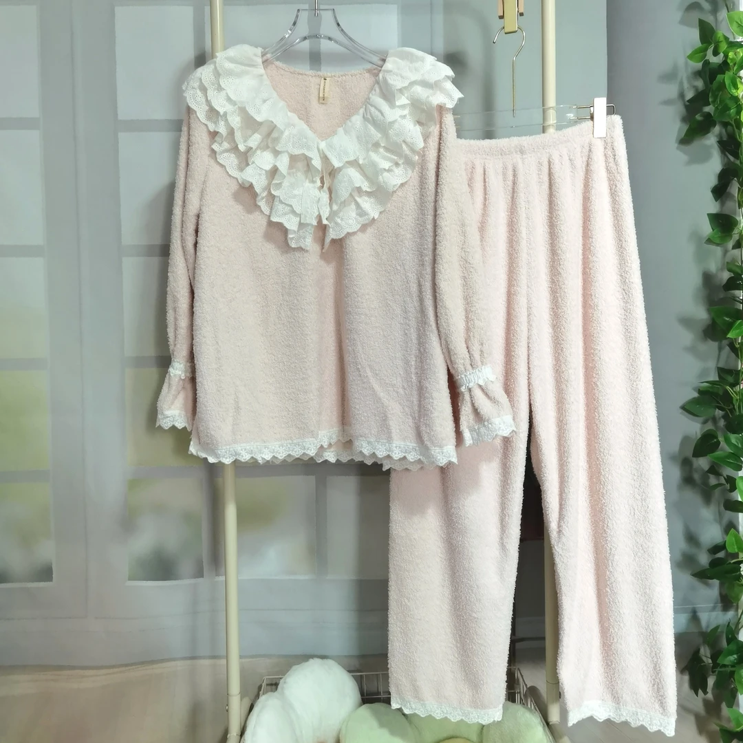 高级感睡衣女秋冬季加厚双面半边绒领甜美宫廷公主风家居服套装