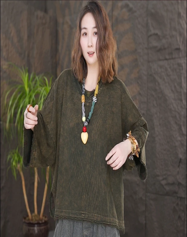 夏季新款砂洗炒色宽松显瘦圆领短袖棉T女休闲纯色打底上衣长袖