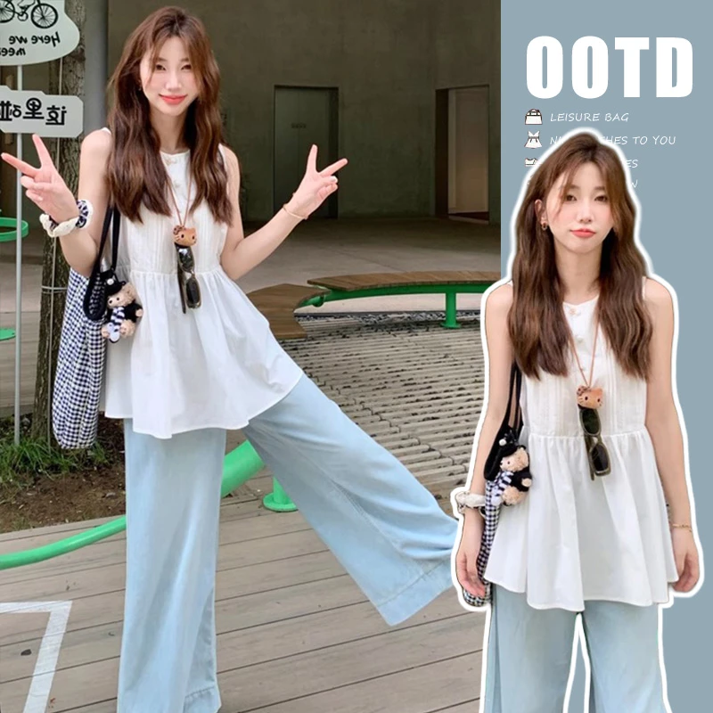 韩版孕妇大码白色无袖娃娃衫宽松中长款上衣＋牛仔抽绳阔腿九分裤