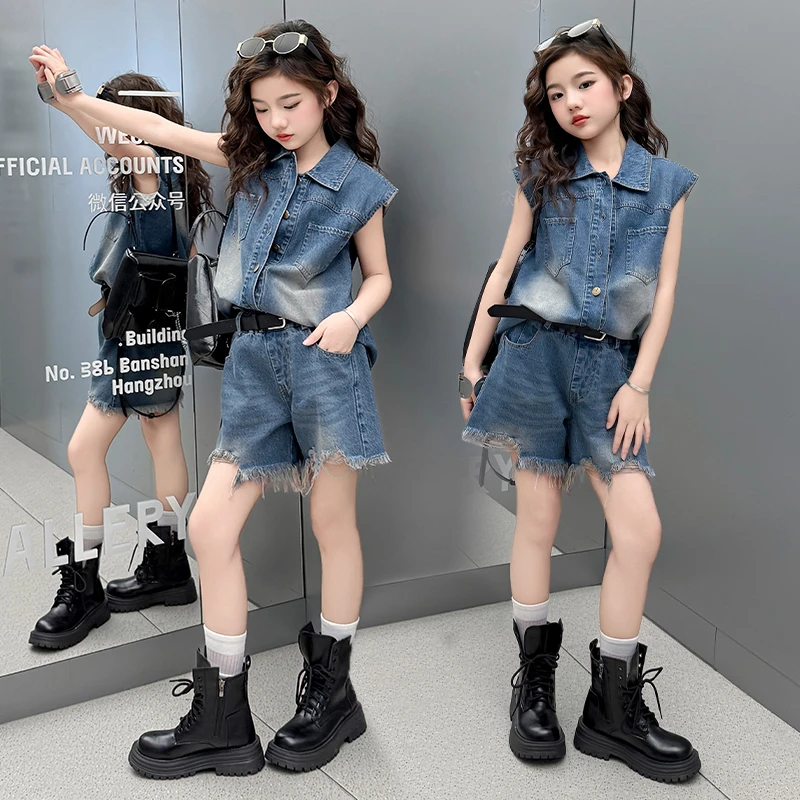 女童夏季无袖短裤牛仔套装中大童小女孩时髦洋气儿童韩系时尚夏装