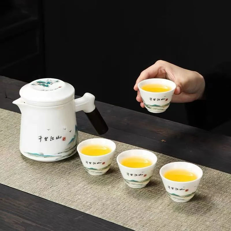 千里江山 办公杯 旅行功夫茶具 快客杯家用陶瓷泡茶壶茶杯 k0319