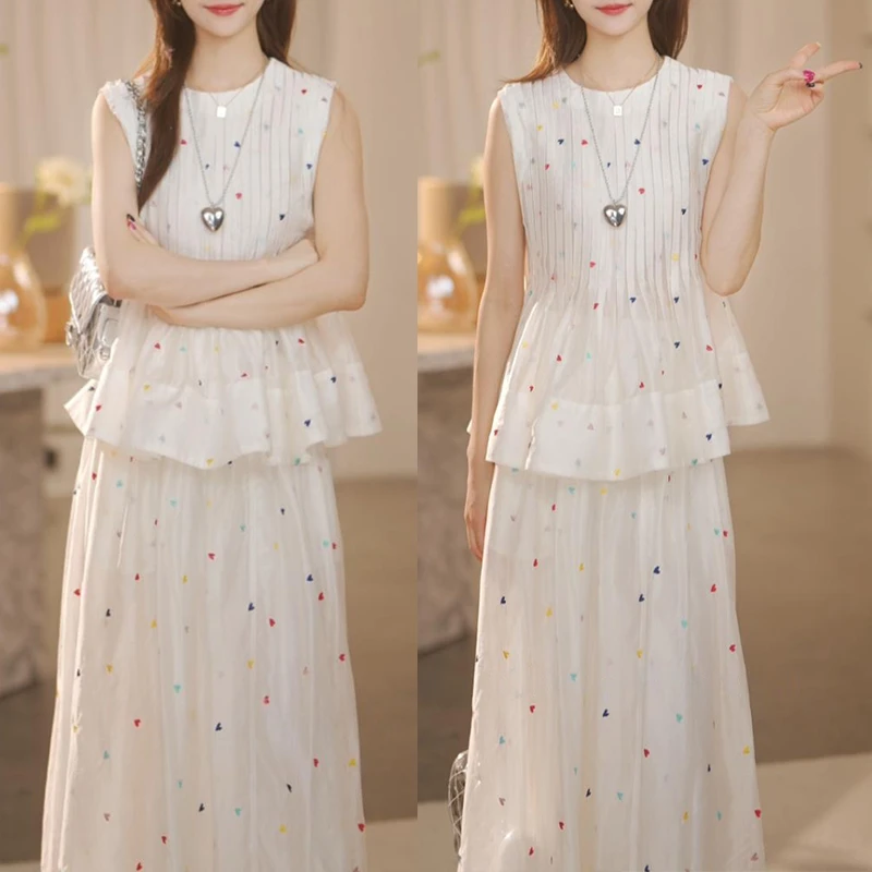 韩版圆领爱心绣花无袖上衣高腰半身裙套装女2025年夏季新款两件套