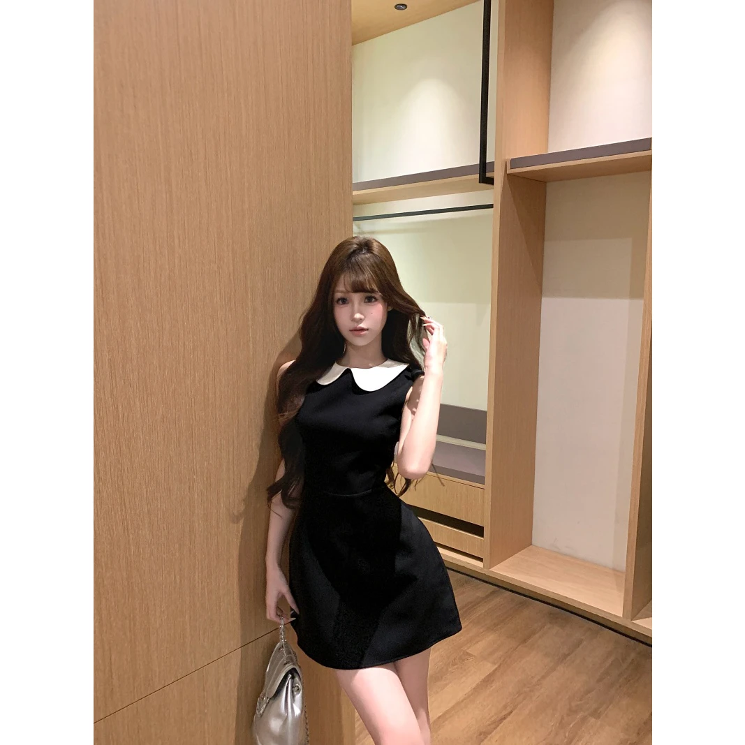 撞色娃娃领无袖连衣裙收腰气质韩系学院风A字短裙女夏