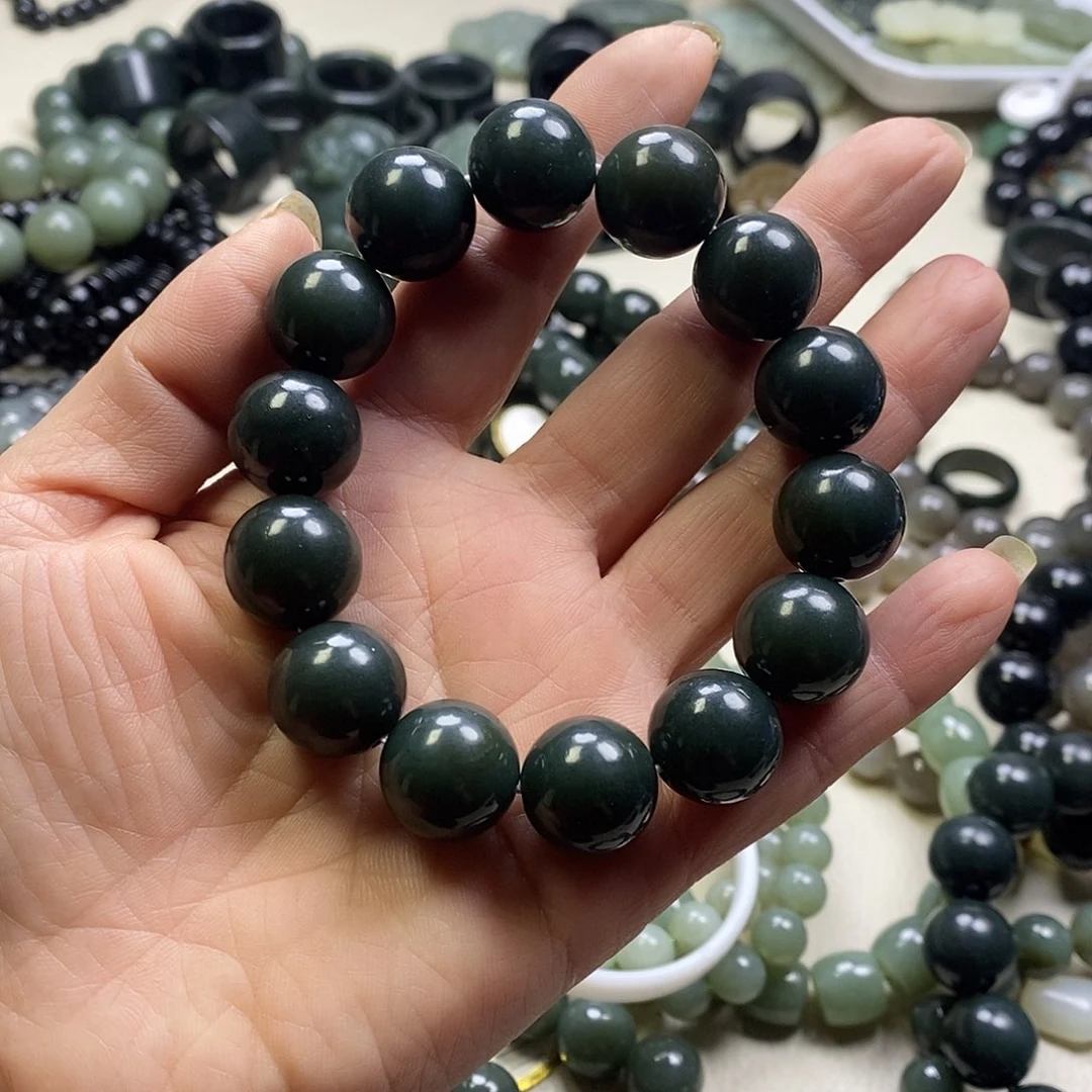 和田玉未镶嵌手链新疆和田黑青玉卡16圆珠手串