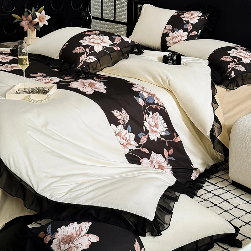 法式花边复古风四件套纯棉100%全棉轻奢数码印花被套家用床上用品