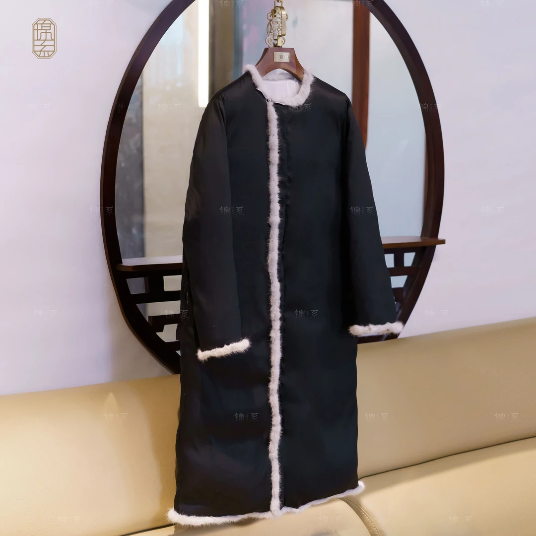 【锦系~新款】黑色老皮中式圆领斜襟长袖鹅绒服L-382339
