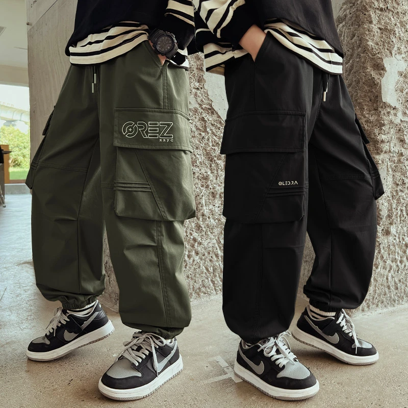 儿童装工装裤秋款6-12岁男童时髦束脚中大童休闲帅气长裤男孩裤子