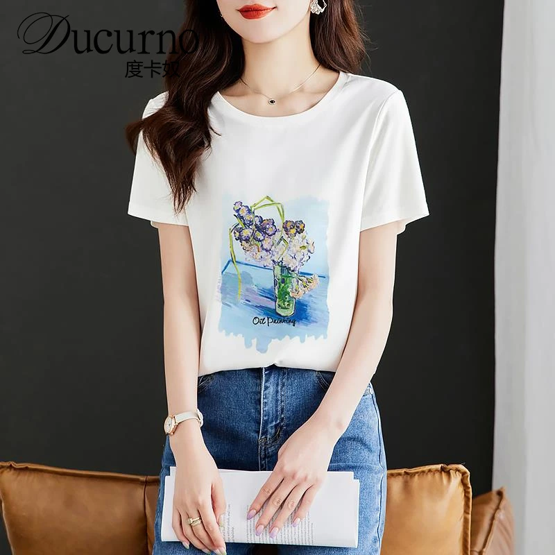设计感印花短袖t恤女士夏季2025新款小众宽松正肩体恤遮肚子上衣