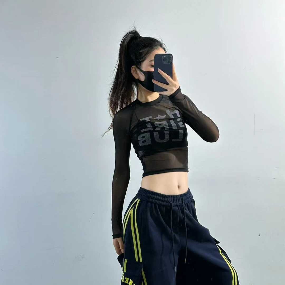 美式辣妹风复古字母印花圆领长袖t恤性感纯欲透视短款上衣