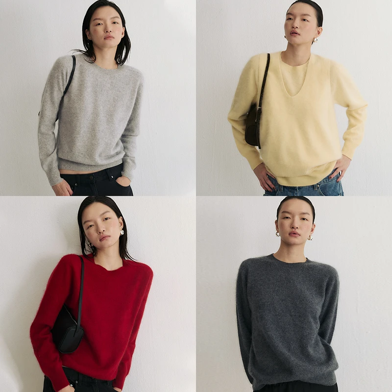 SLO“绒雾羊毛毛衣”慵懒高级感秋冬黄灰红色毛衫软糯圆领羊绒衫