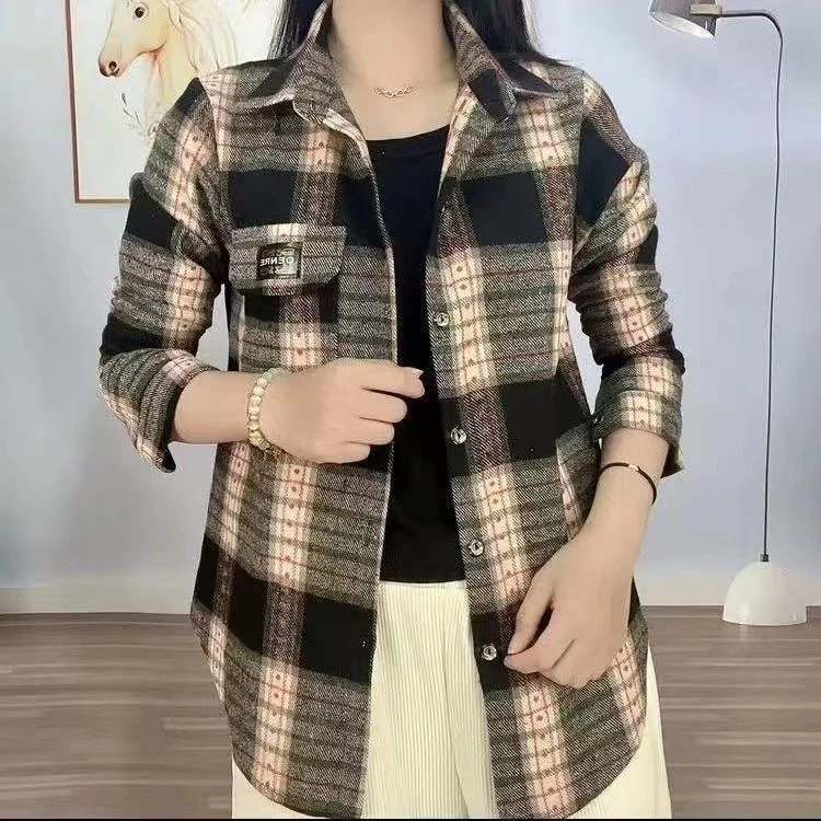格子复古宽松衬衫毛呢外套长袖春秋港味风上衣加厚女韩版2022新款
