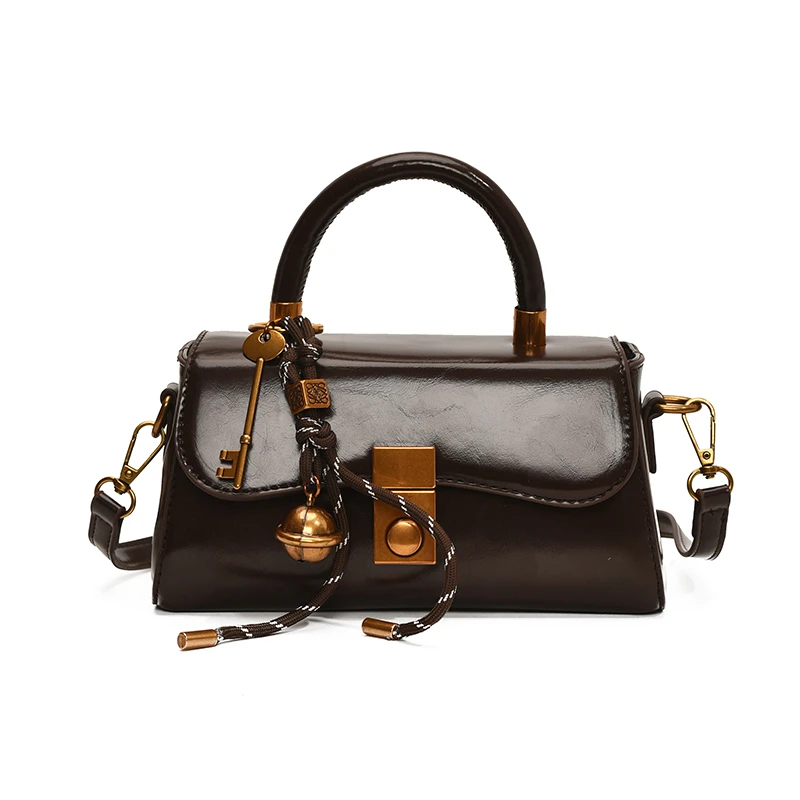 欧美纯色棕色PU斜跨包休闲复古百搭轻奢时尚单肩斜挎包耐刮14700