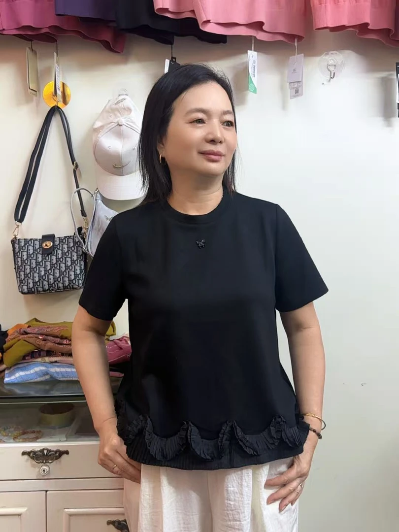 宽松型圆领黑色气质T恤女士常规款老钱风