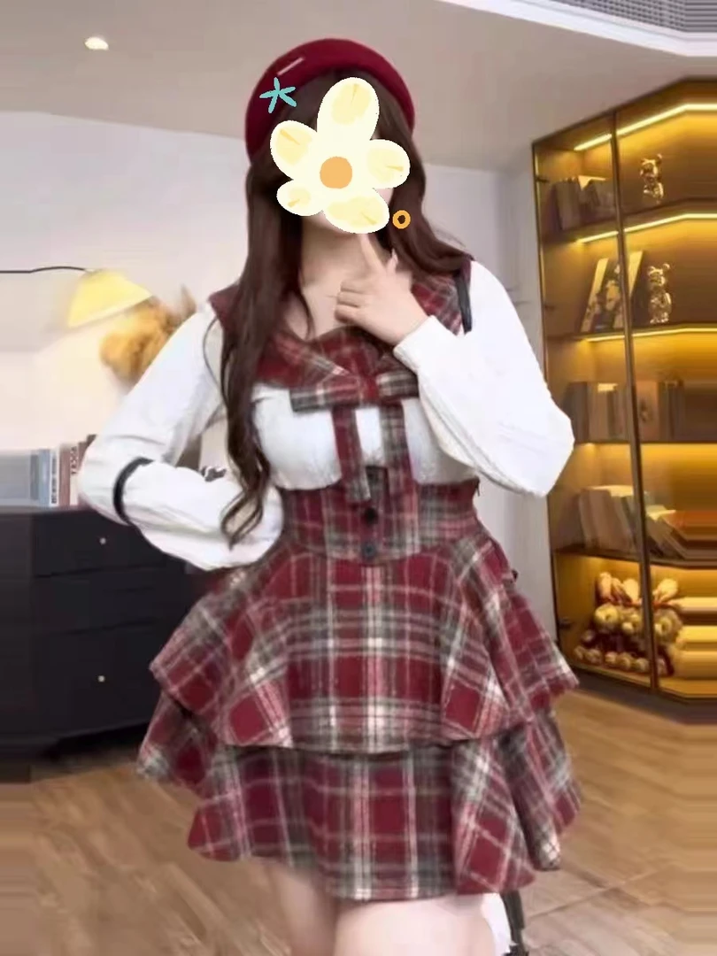 大码学院风格纹套装女秋冬胖mm显瘦设计感上衣束腰半身裙两件套