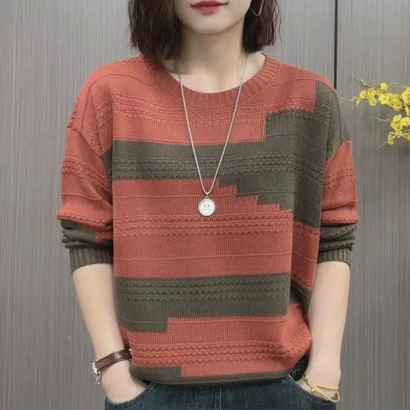 清仓圆领拼色薄款毛衣打底衫2025春秋新款宽松遮肚洋气针织衫上衣