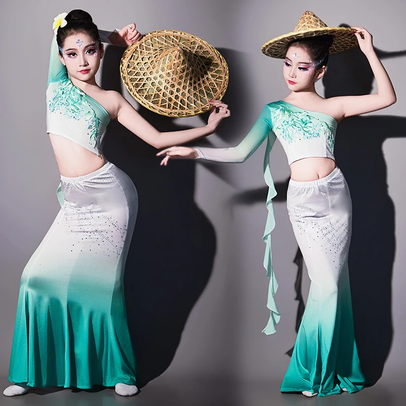 儿童新款西双版纳套装演出服女夏孔雀舞鱼尾裙练习裙傣族舞蹈服装