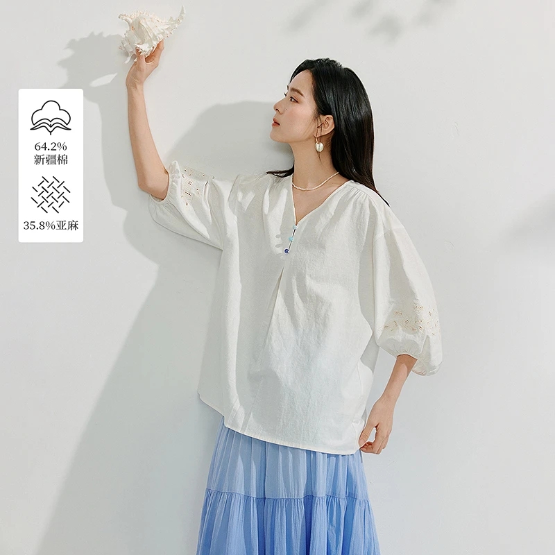 【欧若风新品】茵曼夏季亚麻V领刺绣衬衫松弛感灯笼袖显瘦衬衣上衣