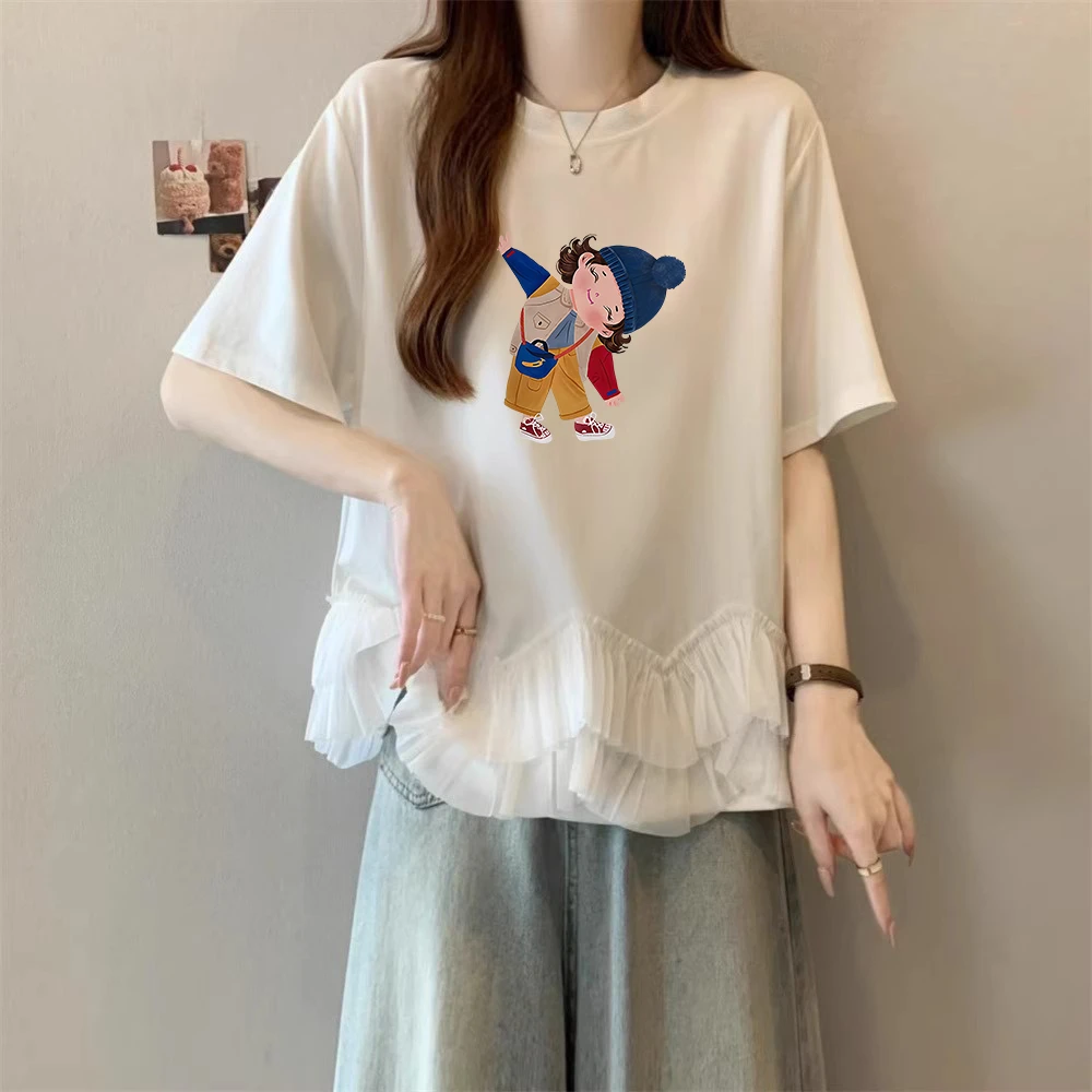 大码下摆网纱拼接正肩短袖t恤女2025新款夏季胖mm独特别致小上衣