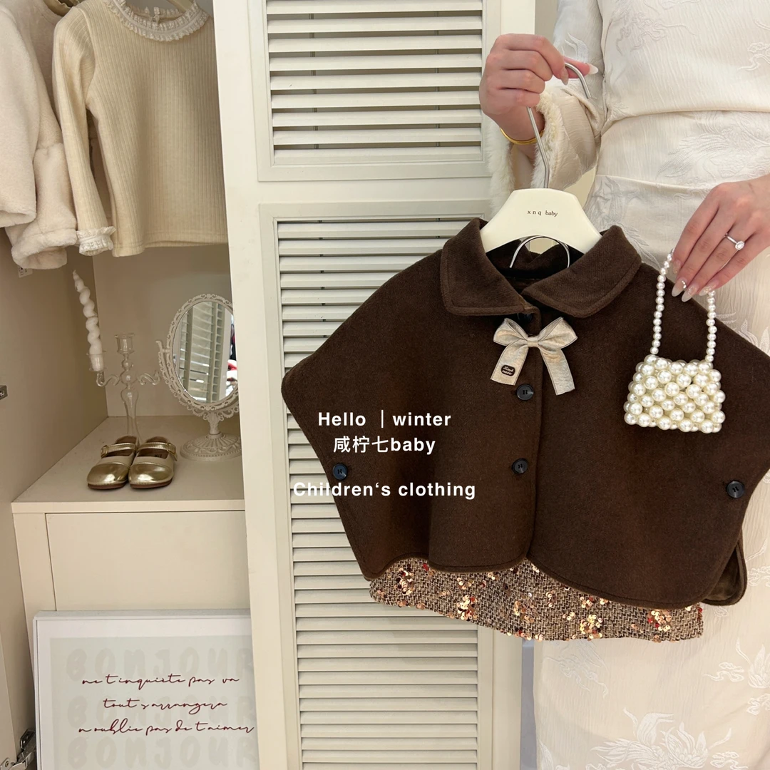 【现】女童斗篷秋冬装2024新款韩版英伦洋气儿童加绒外套宝宝上衣