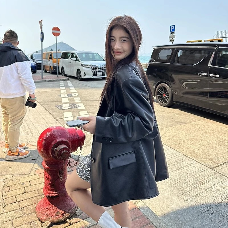 西装皮衣女式韩版秋冬季百搭中长款宽松黑色小个子胖妹妹显瘦外套