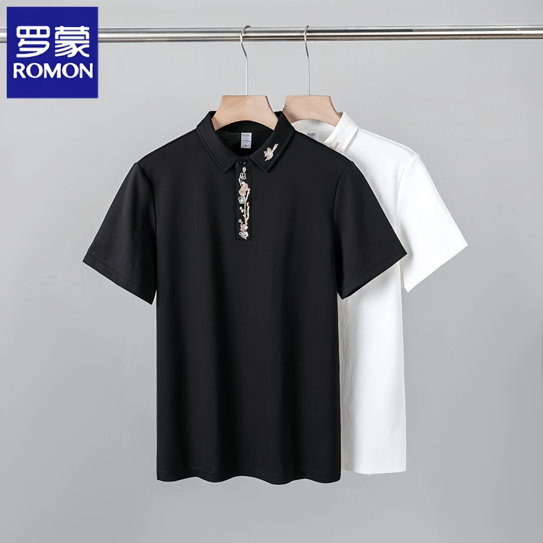 Romon/罗蒙Polo衫夏季男士商务休闲修身休闲印花潮流刺绣帅气短袖
