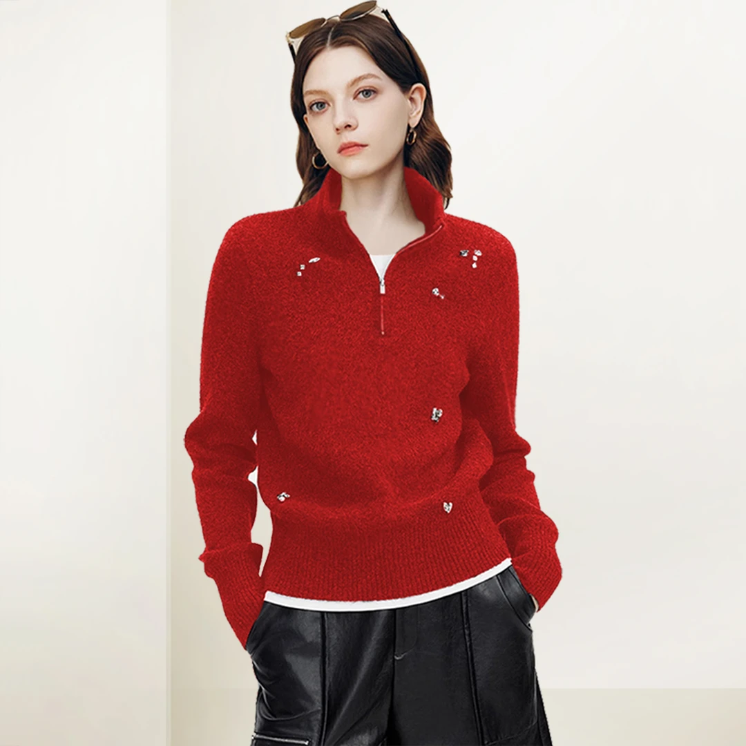 QOOEL时尚设计感半拉链立领毛衣2025冬季新款别致百搭钉珠针织衫