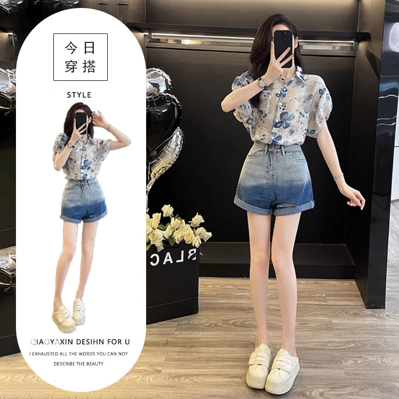 多巴胺休闲运动套装女夏季炸街减龄时尚小个子衬衫牛仔短裤两件套