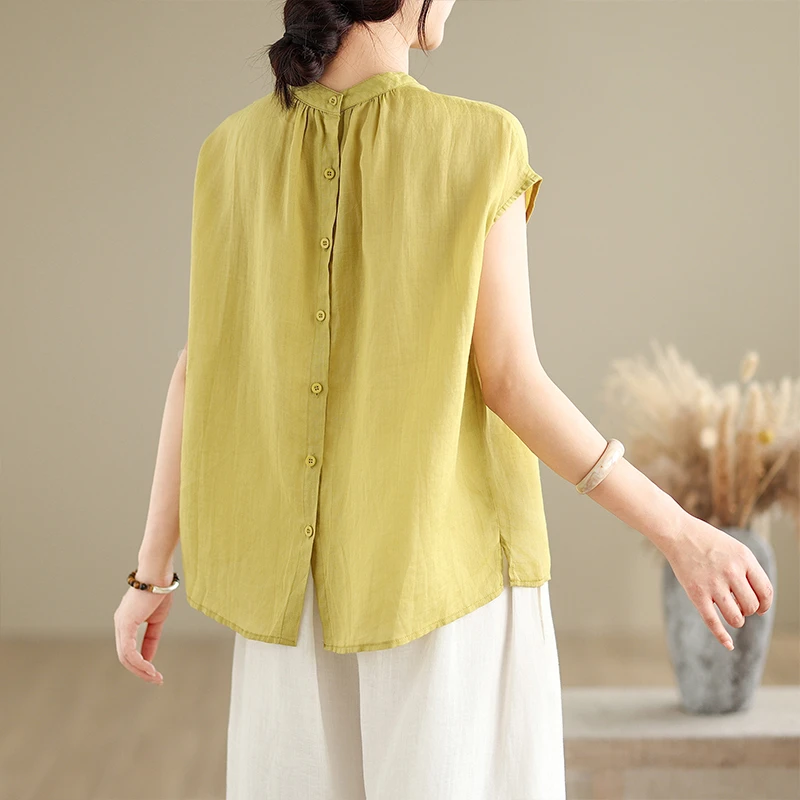 2025夏季新款苎麻后系排扣短袖立领衬衫宽松显瘦休闲百搭套头上衣