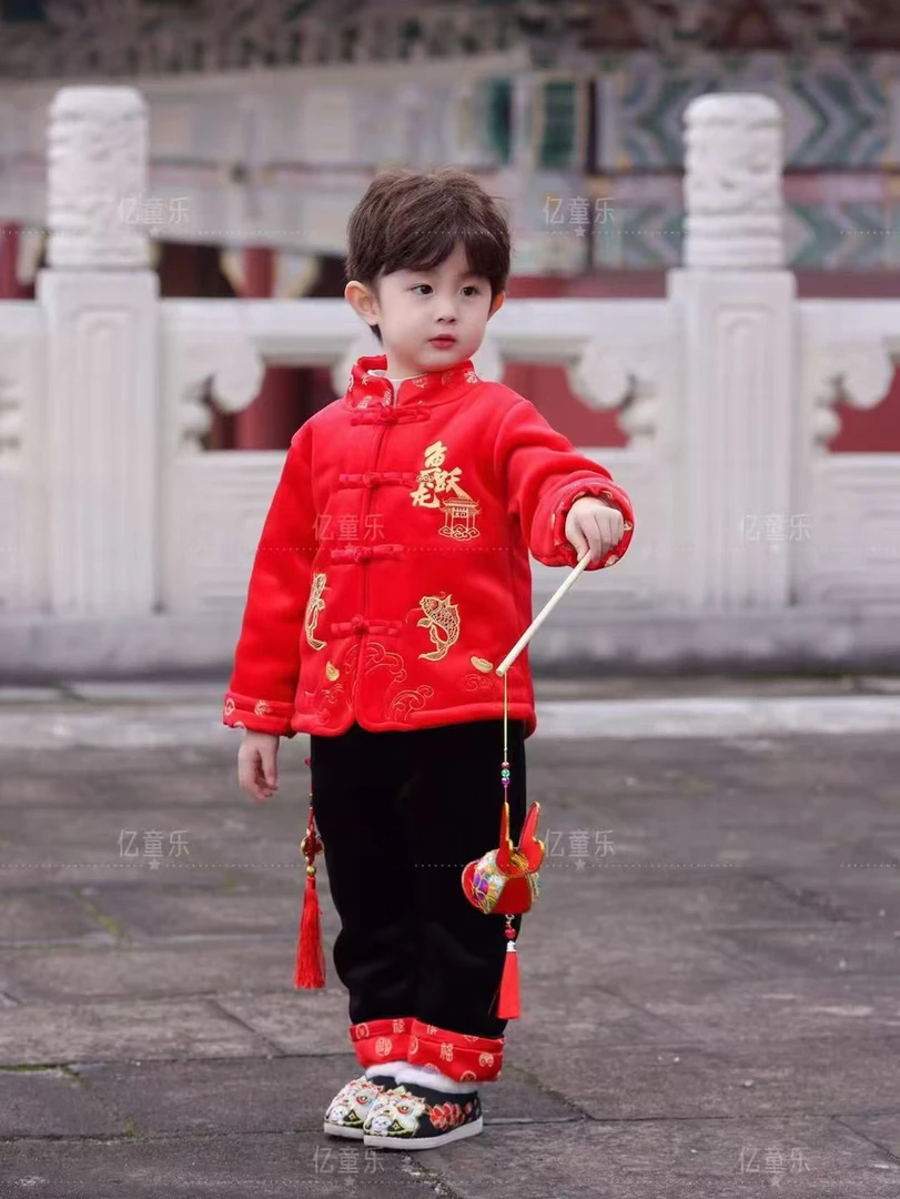 B类冬季中性纯色唐装加厚中国风女宝拜年服套装汉服红色