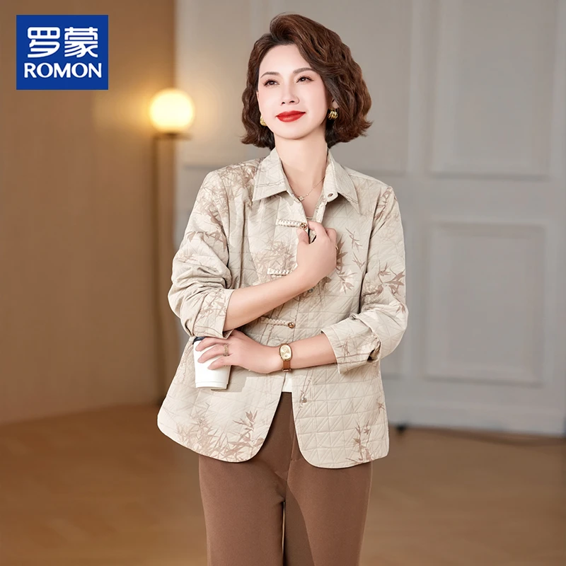 罗蒙名牌妈妈装秋装翻领印花上衣新款中老年女装秋季国风显瘦外套