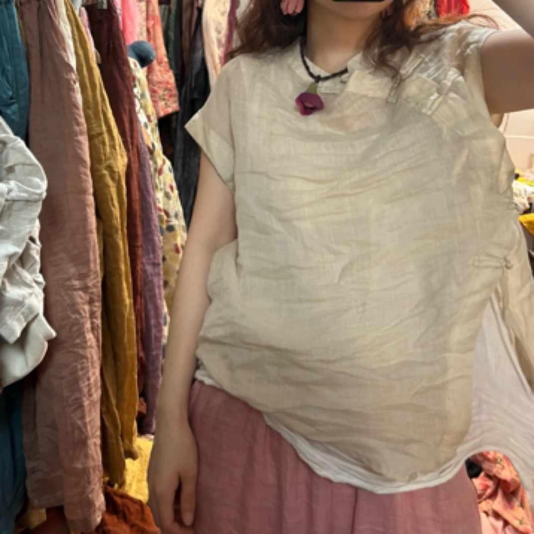 妞妞 新款立领苎麻盘扣不规则中式国风无袖小衫