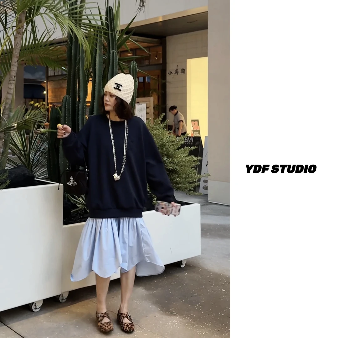 YDFSTUDIO小众【韩女法则】早秋假两件蝴蝶结拼接设计时尚连衣裙