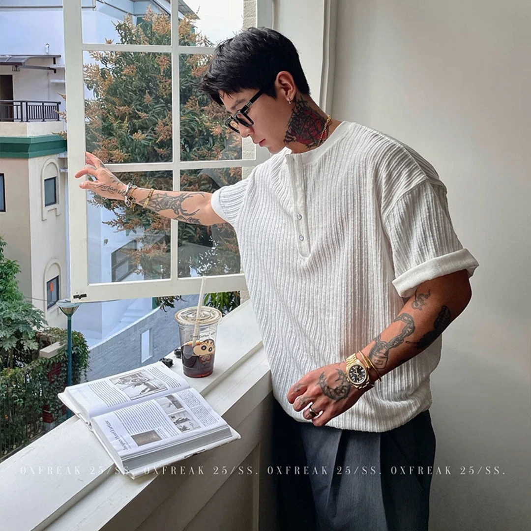 OXFREAK 「肌理褶皱 软糯感」老钱风亨利领短袖t恤男宽松V领上衣