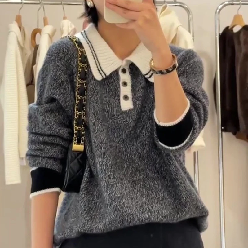 POLO领撞色花纱100羊毛 加厚款羊毛针织衫女2434