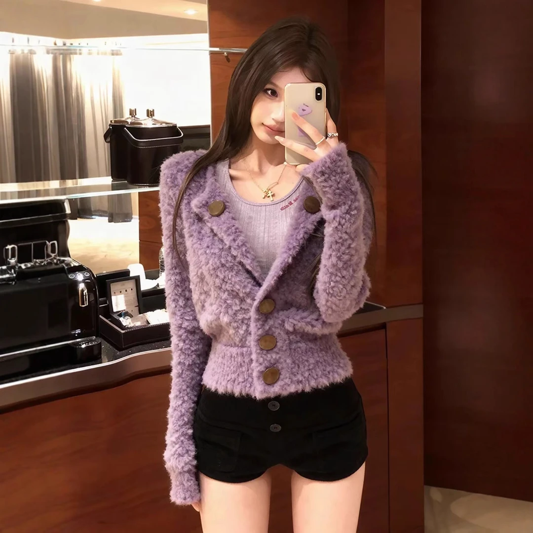 紫色翻领收腰羊羔毛冬季小个子时尚洋气高级感独特漂亮短款厚外套