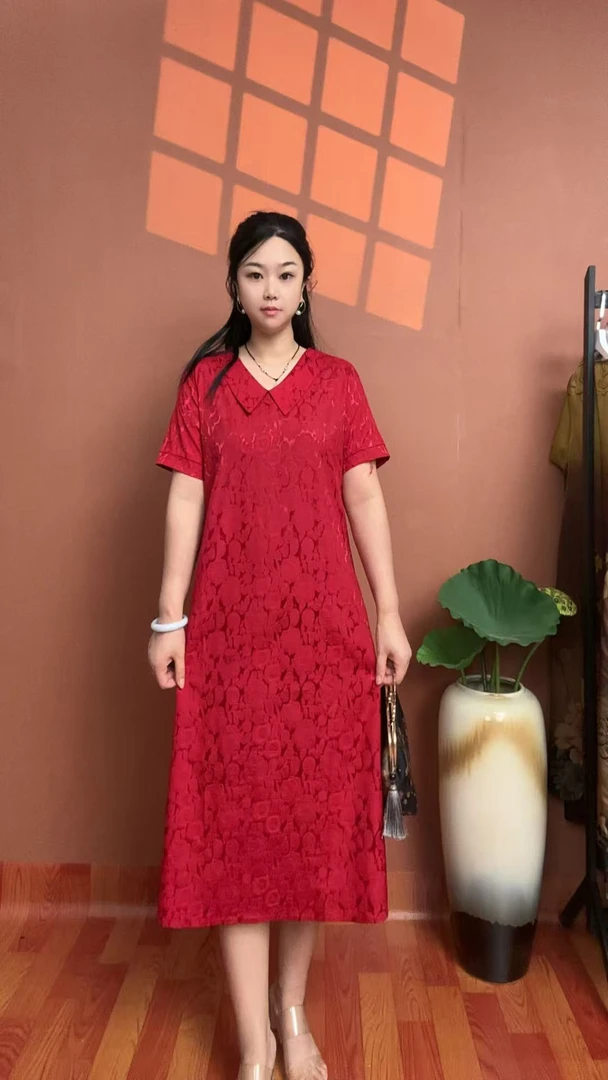 C(红玫瑰）新款娃娃领时尚洋气气质遮肉显瘦气质中款连衣裙