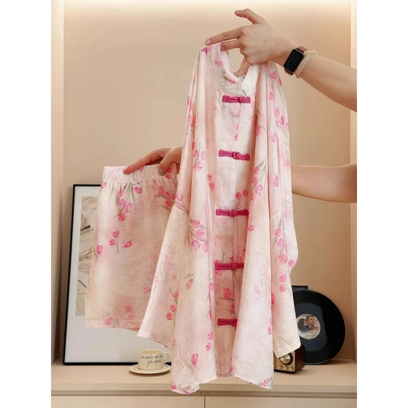 【新中式国风】盘扣印花长袖睡衣女夏季高级温婉大码短裤居家服套装